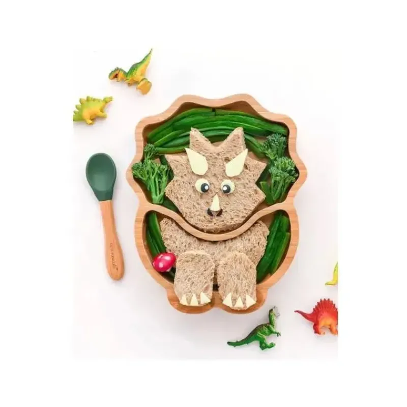 Eco Rascals Organic|Suction Plates & Bowls*Bamboo Suction Plate With Two Sections Dino, Green