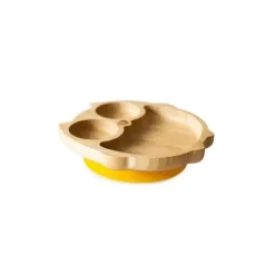Eco Rascals Organic|Suction Plates & Bowls*Bamboo Suction Plate With Three Sections Owl, Yellow