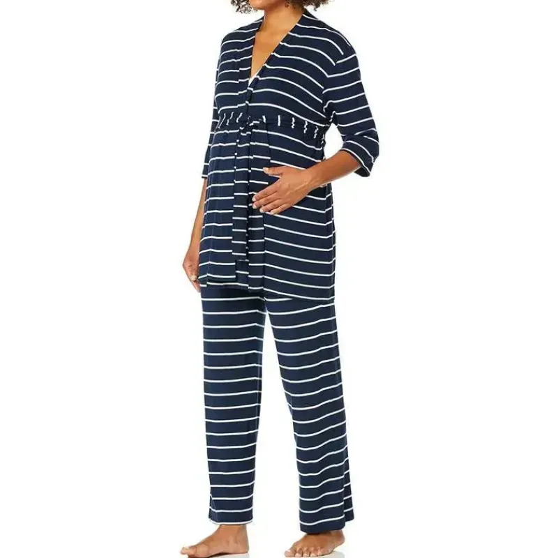 Everly Grey Pants & Shorts*- Maternity and Nursing PJ Pant Set for Mom and Baby, Navy Stripe, Large