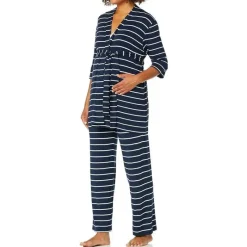 Everly Grey Pants & Shorts*- Maternity and Nursing PJ Pant Set for Mom and Baby, Navy Stripe, Medium