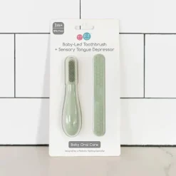 ezpz Oral & Nasal Care*- Baby-Led™ Toothbrush + Sensory Tongue Depressor Dual Pack, Sage