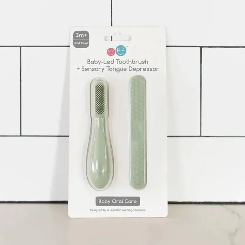 ezpz Oral & Nasal Care*- Baby-Led™ Toothbrush + Sensory Tongue Depressor Dual Pack, Sage