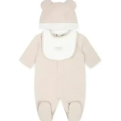 Fendi Baby Baby Sleepwear*- Footie Hat Bib With Bear In The Pocket Graphic, Beige