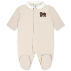 Fendi Baby Baby Sleepwear*- Footie Hat Bib With Bear In The Pocket Graphic, Beige