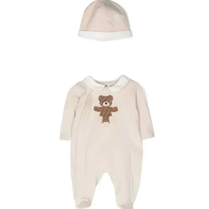 Fendi Baby Baby Onesies & Bodysuits*- Footie With Allover Ff Bear Patch & Hat