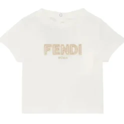 Fendi Baby Baby Tops*- Short Sleeve Tee With Embroidered Txt Logo, White