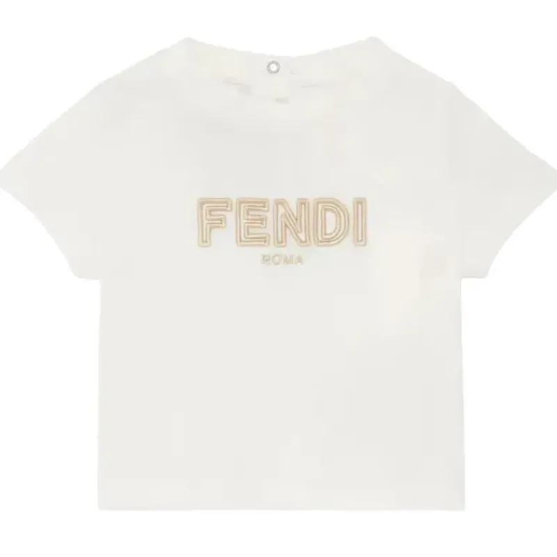 Fendi Baby Baby Tops*- Short Sleeve Tee With Embroidered Txt Logo, White