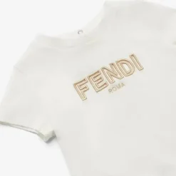 Fendi Baby Baby Tops*- Short Sleeve Tee With Embroidered Txt Logo, White