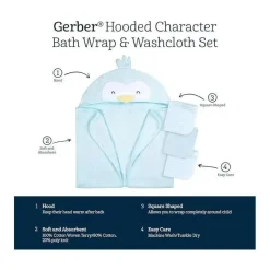 Gerber Baby Bath Towels*- Baby Hooded Bath Towel & Washcloths, Penguin