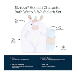 Gerber Baby Bath Towels*- Baby Hooded Bath Towel & Washcloths, Unicorn