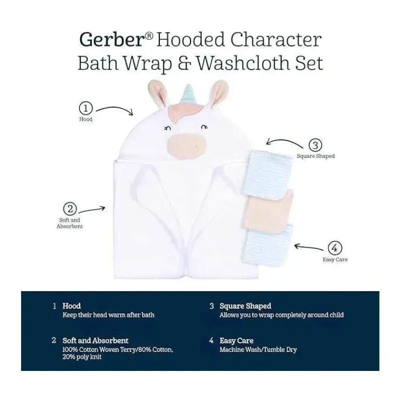 Gerber Baby Bath Towels*- Baby Hooded Bath Towel & Washcloths, Unicorn