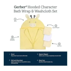 Gerber Baby Bath Towels*- Baby Hooded Bath Towel & Washcloths, Giraffe
