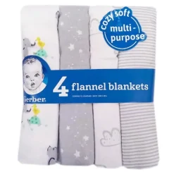 Gerber Blankets & Quilts*- 4Pk Flannel Blanket Neutral One Size, Baby Animals