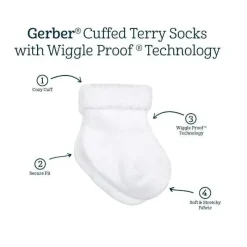 Gerber Baby Gloves & Socks*- 6Pk Terry Wiggle Proof Socks, 0/3M, White