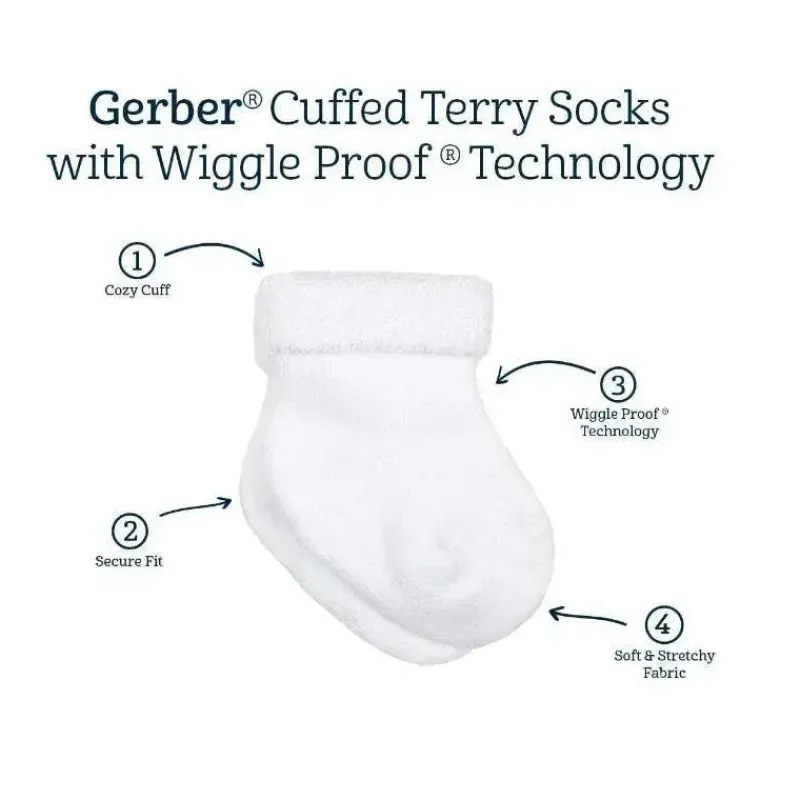 Gerber Baby Gloves & Socks*- 6Pk Terry Wiggle Proof Socks, 0/3M, White