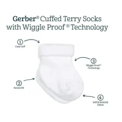 Gerber Baby Gloves & Socks*- 6Pk White Terry Wiggle Proof Socks