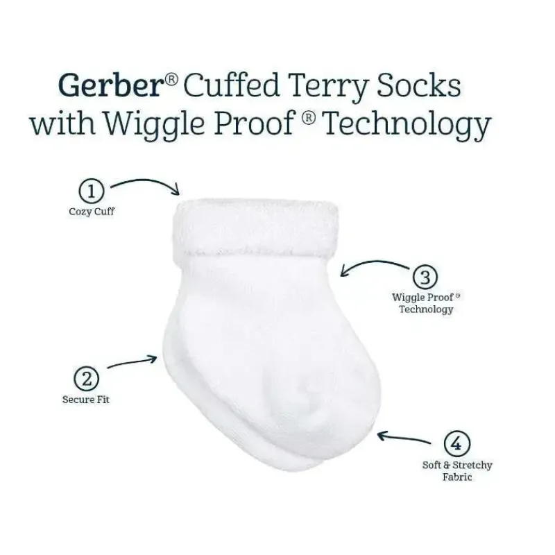 Gerber Baby Gloves & Socks*- 6Pk White Terry Wiggle Proof Socks