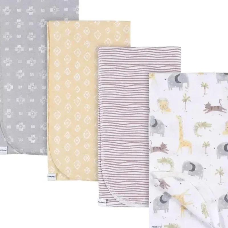 Gerber Blankets & Quilts*Bedding - 4Pk Flannel Blanket, Neutral Animals