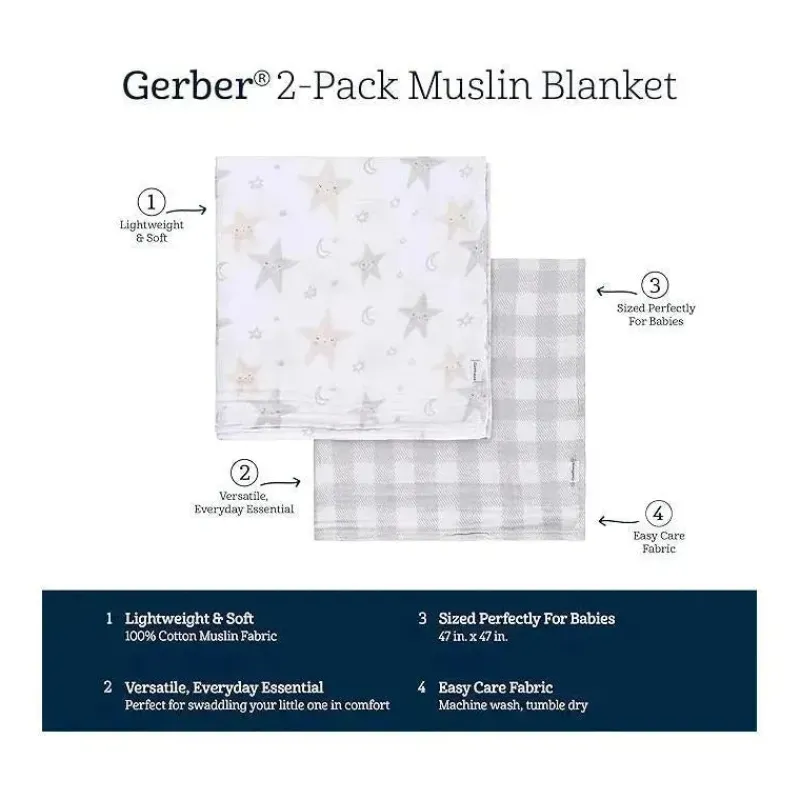 Gerber Blankets & Quilts*Bedding - 2Pk Muslin Blanket, Neutral Celestial