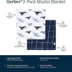 Gerber Blankets & Quilts*Bedding - 2Pk Muslin Blanket, Whale