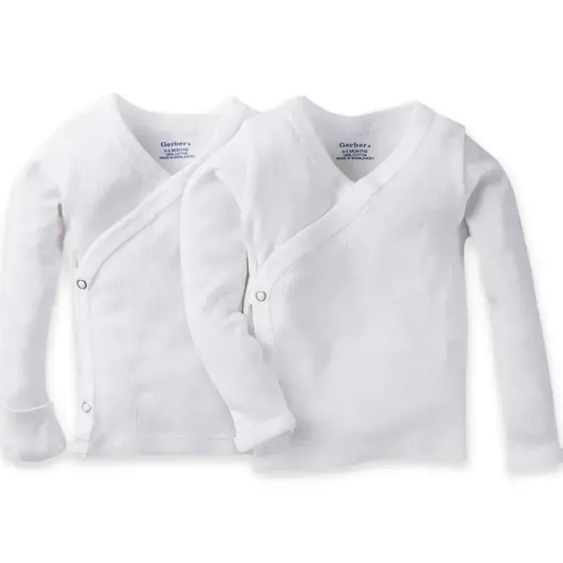 Gerber Baby Tops*2-pack White Side Snap Long Sleeve Shirt with Mitten Cuffs