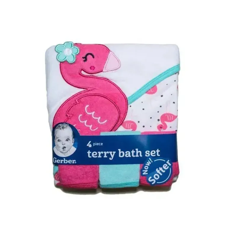 Gerber Baby Bath Towels*4pc Flamingo Hooded Baby Towels & Baby Washcloths