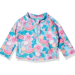 Iplay Baby Swimming Clothes*Green Sprouts - Long Sleeve Zip Rashguard Shirt, Aqua Tropical Fruit Floral