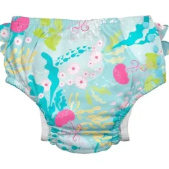 Iplay Swim Diapers*Green Sprouts - Reusable Eco Snap Ruffled Swim Diaper, Aqua Coral Reef