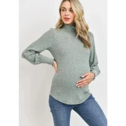 Hello Miz Maternity Tops*- Brushed Ribbed Hacci Maternity Mock Neck Top, Mint