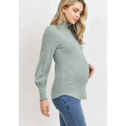 Hello Miz Maternity Tops*- Brushed Ribbed Hacci Maternity Mock Neck Top, Mint