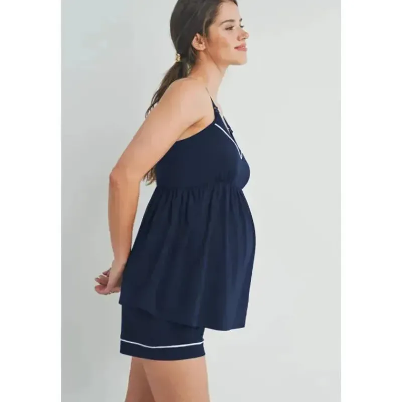 Hello Miz Nursing Bra & Intimate Apparel|Gift For Mom*- Cami Tank Top & Shorts Maternity Loungewear Set, Navy
