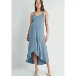 Hello Miz Dresses|Gift For Mom*- High-Low Cross Back Maternity Midi Dress, Chambray