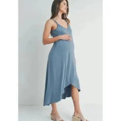 Hello Miz Dresses|Gift For Mom*- High-Low Cross Back Maternity Midi Dress, Chambray