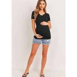 Hello Miz Maternity Tops*- Maternity Top Basic High V-Neck With Ruched Side Detail, Black