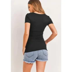 Hello Miz Maternity Tops*- Maternity Top Basic High V-Neck With Ruched Side Detail, Black