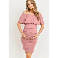 Hello Miz Dresses*- Off Shoulder Ruffled Maternity Mini Dress, Mauve