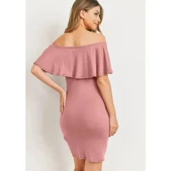 Hello Miz Dresses*- Off Shoulder Ruffled Maternity Mini Dress, Mauve