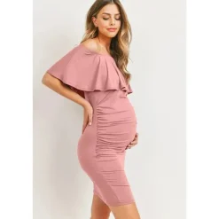 Hello Miz Dresses*- Off Shoulder Ruffled Maternity Mini Dress, Mauve