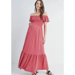Hello Miz Dresses|Gift For Mom*- Off The Shoulder Maternity Ruffled Maxi Dress, Dark Rose