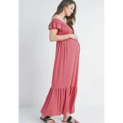 Hello Miz Dresses|Gift For Mom*- Off The Shoulder Maternity Ruffled Maxi Dress, Dark Rose