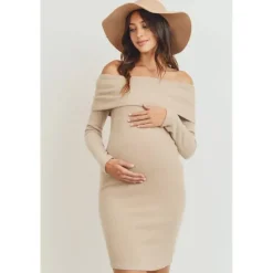 Hello Miz Dresses|Gift For Mom*- Ribbed Off The Shoulder Bodycon Maternity Dress, Sand