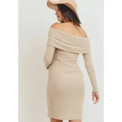 Hello Miz Dresses|Gift For Mom*- Ribbed Off The Shoulder Bodycon Maternity Dress, Sand