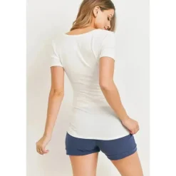 Hello Miz Maternity Tops|Gift For Mom*- Ruched High V-Neck Short Sleeve Maternity T-Shirt, Ivory