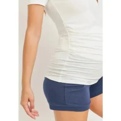 Hello Miz Maternity Tops|Gift For Mom*- Ruched High V-Neck Short Sleeve Maternity T-Shirt, Ivory