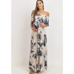 Hello Miz Dresses*- Ruffle Off The Shoulder Maxi Maternity Dress, Taupe