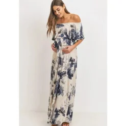 Hello Miz Dresses*- Ruffle Off The Shoulder Maxi Maternity Dress, Taupe