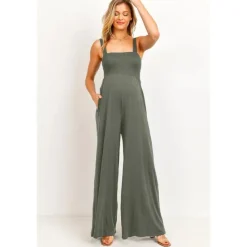 Hello Miz Dresses|Gift For Mom*- Sleeveless Smocked Maternity Wideleg Jumpsuit, Olive