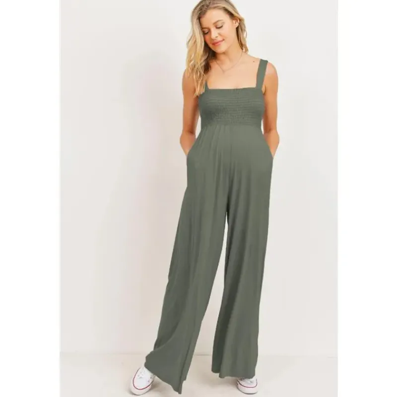 Hello Miz Dresses|Gift For Mom*- Sleeveless Smocked Maternity Wideleg Jumpsuit, Olive