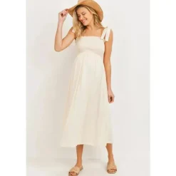 Hello Miz Dresses|Gift For Mom*- Smocked Tie-Shoulder Maternity Midi Dress, Oatmeal