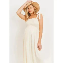 Hello Miz Dresses|Gift For Mom*- Smocked Tie-Shoulder Maternity Midi Dress, Oatmeal